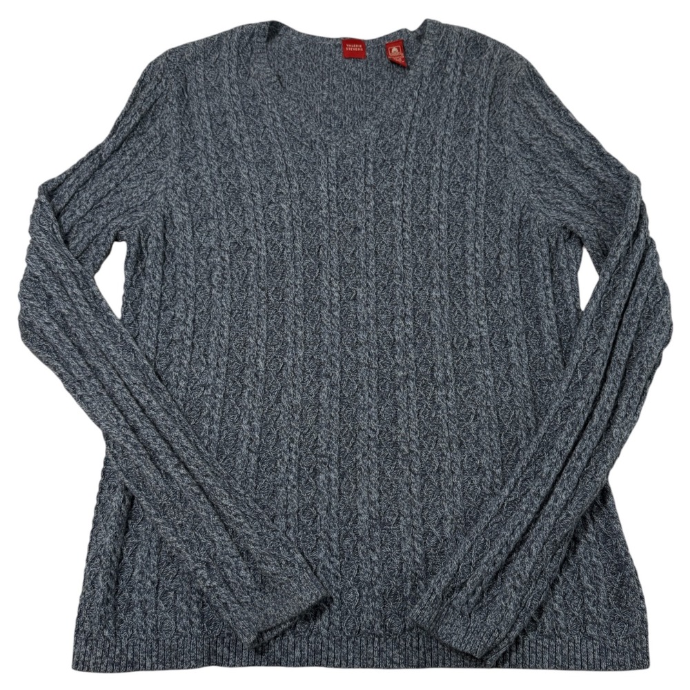Valerie‎ Stevens Vintage Womens Large Blue Cable Knit V-Neck 100% Cotton Sweater